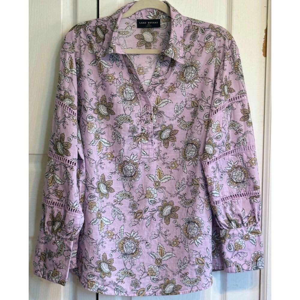 Lane Bryant Cottagecore Cotton Floral Henley Blouse Pastel PurpleCrochet Trim 14